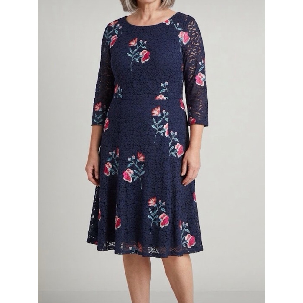 Eliza J 16 Navy Lace Floral Embroidered Midi Dress 3/4 Sleeve Mother of Groom